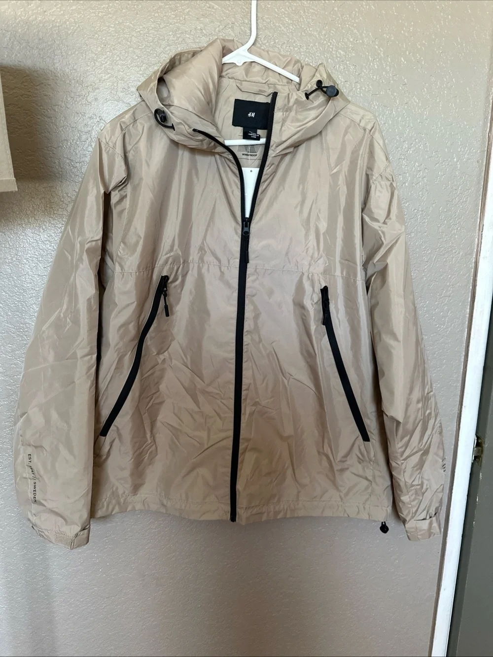 H&M Tan Hooded Windbreaker with Black Trim